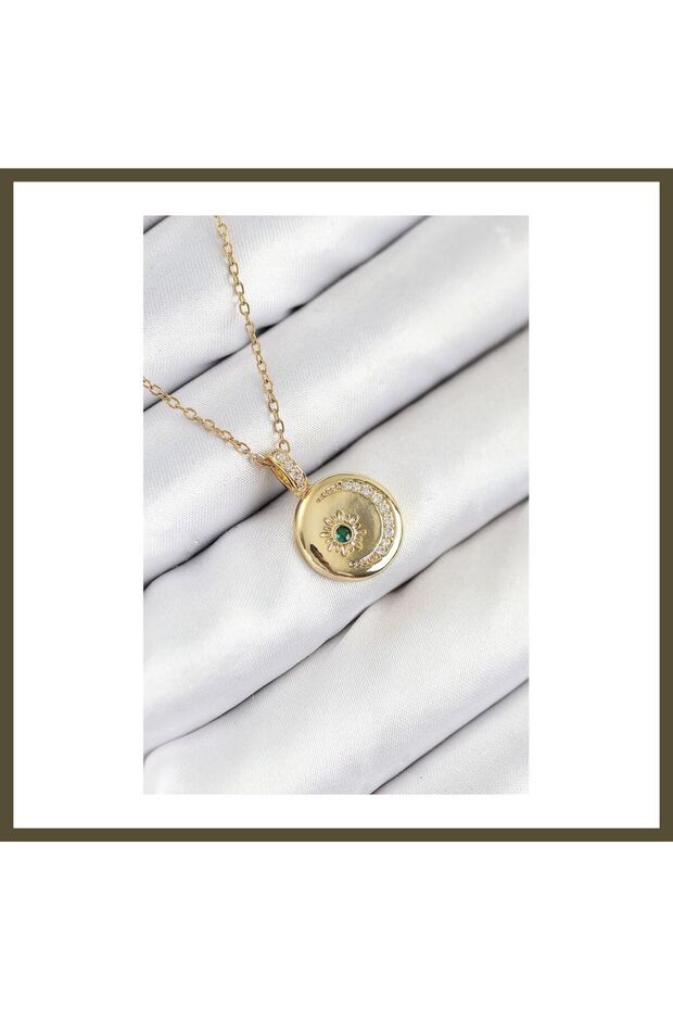 316L Stainless Steel Moon and Sun-Design Gold-Colored Women's Necklace with Zircon Stones BX