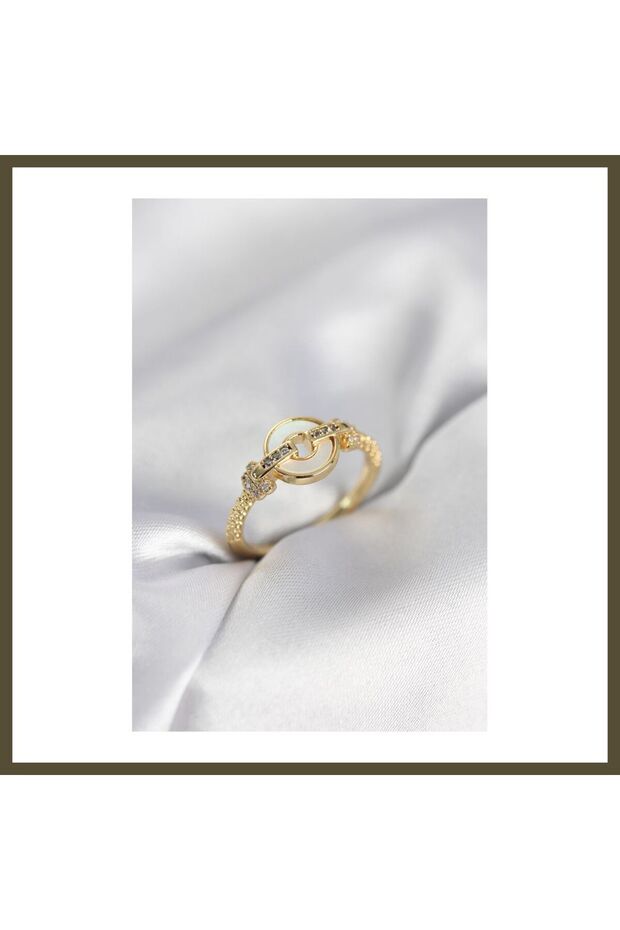 Gold-Colored Circle-Shaped Women's Ring with Zircon Stones BX