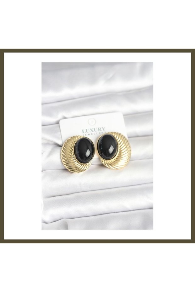 Gold-Plated Rice-Shaped Oval Vintage Women's Earrings with Black Beaded Details BX