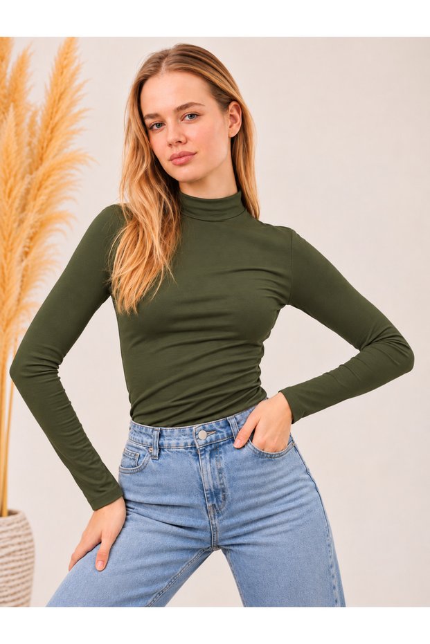 Women's Stretch Fabric Long-Sleeve Bodysuit, Khaki