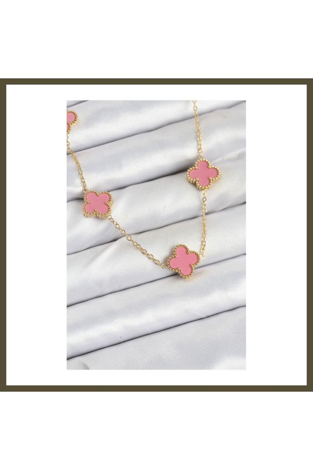 316L Stainless Steel Chain, Gold-Pink Clover Women's Necklace BX