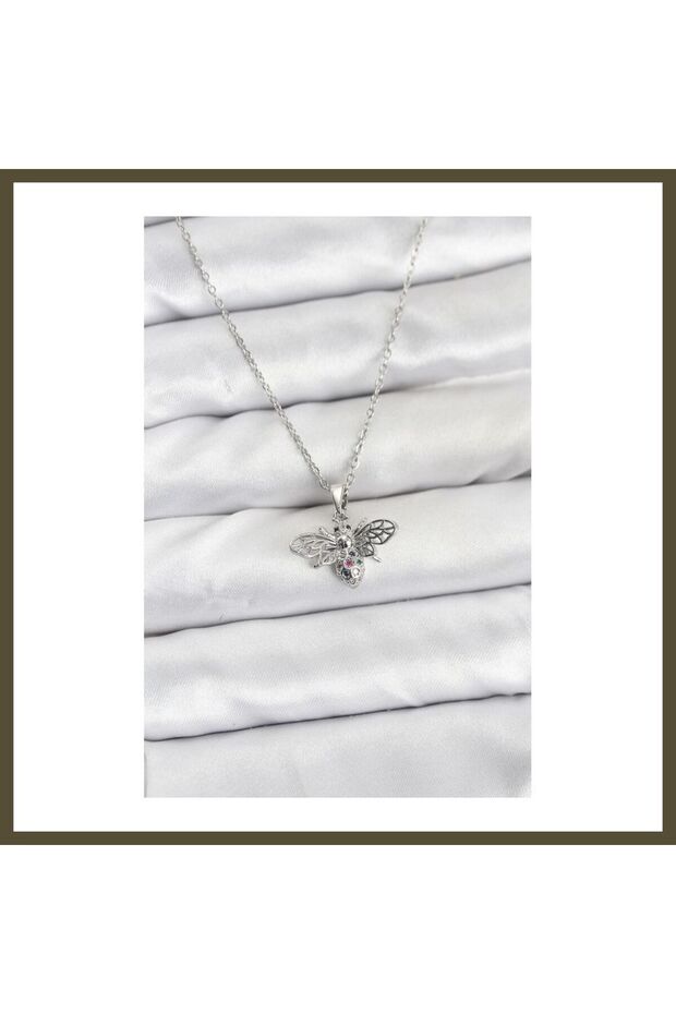 316L Stainless Steel Chain, Silver-Colored, Fly-Design, Zircon-Studded Women's Necklace BX