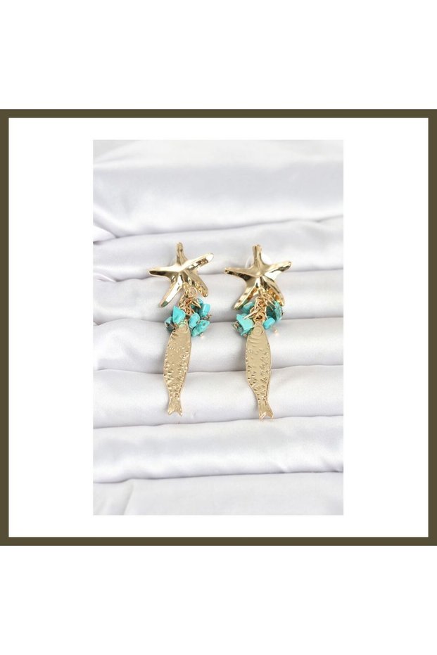 Starfish and Fish-Motif Blue-Stone Gold-Tone Women's Earrings BX