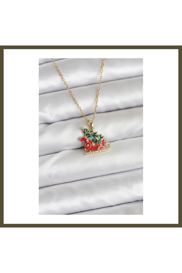 316L Stainless Steel Chain, Gold-Toned, with Sled and Fir Tree Motifs—New Year's-Themed Women's Necklace BX