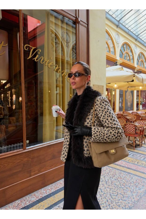 Short Suede Jacket with Leopard Pattern and Fur Collar Detail