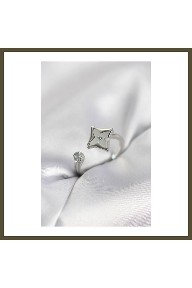 Silver-Colored Square Clover-Shaped Zircon Stone Women's Ring BX