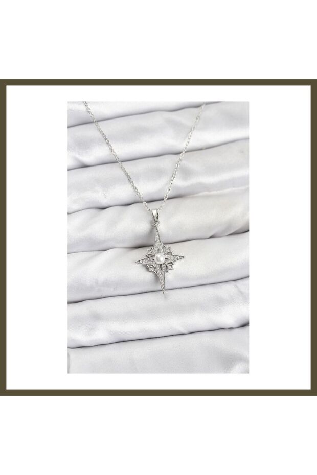 316L Stainless Steel Chain, Silver-Colored North Star Design, Zircon-Set Women's Necklace BX