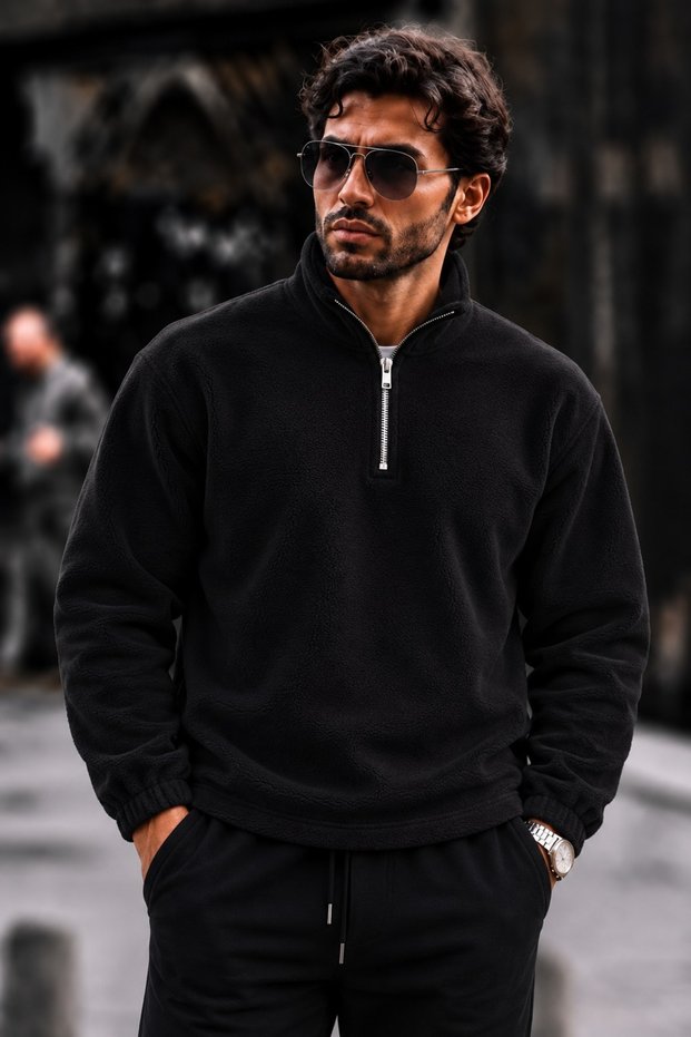 Men's Casual Half-Zip Black Fleece-Lined Sweatshirt