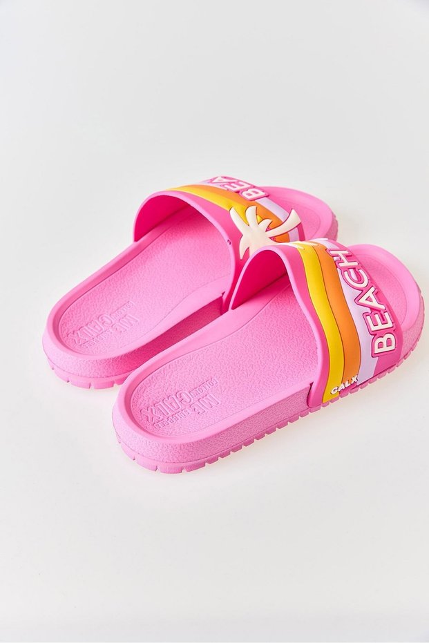 Pink-Patterned Pool and Beach Slippers, Flat Sole, with Straps