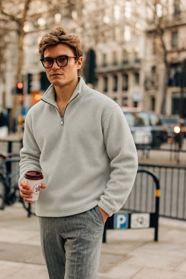 Men's Winter Gray Fleece-Lined Jacket with Half-Zip