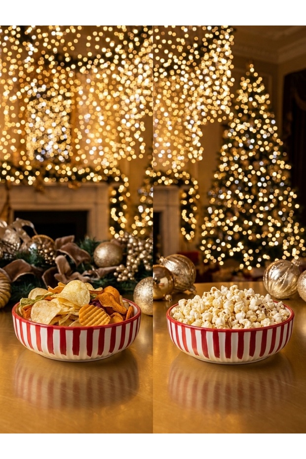 Modern Rhythm Series Popcorn Pattern 2-Piece Bowl Set, Hand-Decorated, Multi-Purpose Ceramic Bowl, 15 Cm, for Serving Chips and Popcorn.