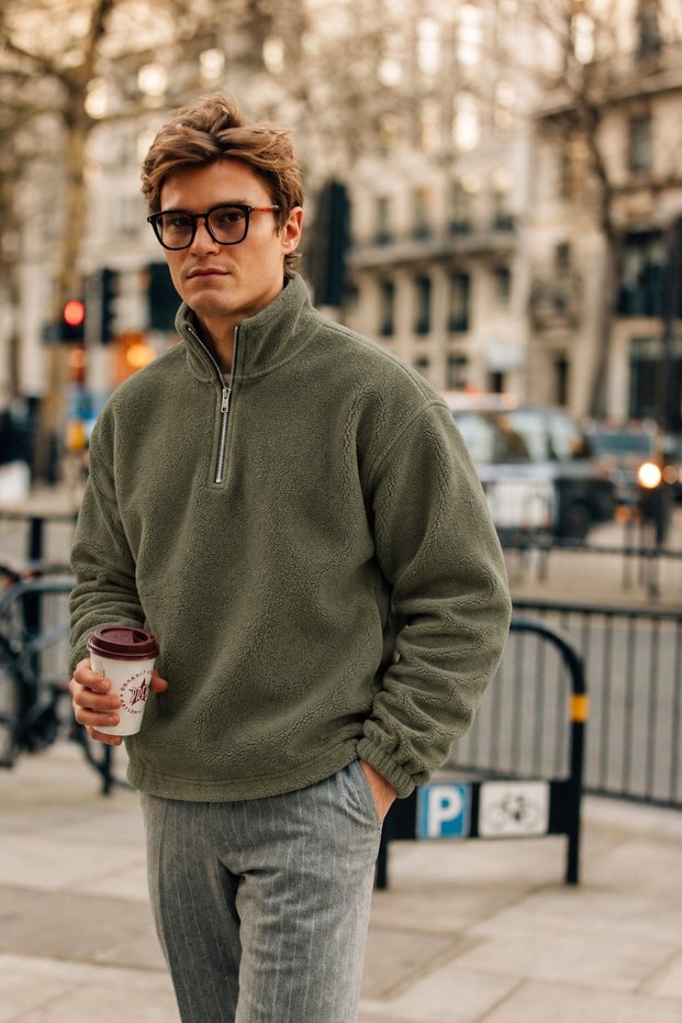 Men's Winter Khaki Fleece Jacket with Half-Zip