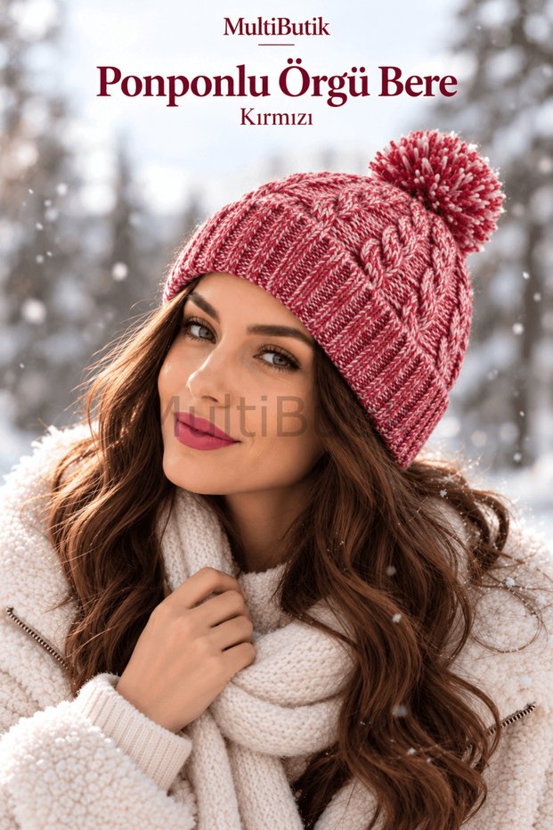 Women's Knitted Beanie with Pom-Pom – Red | Comes with a Special Pouch