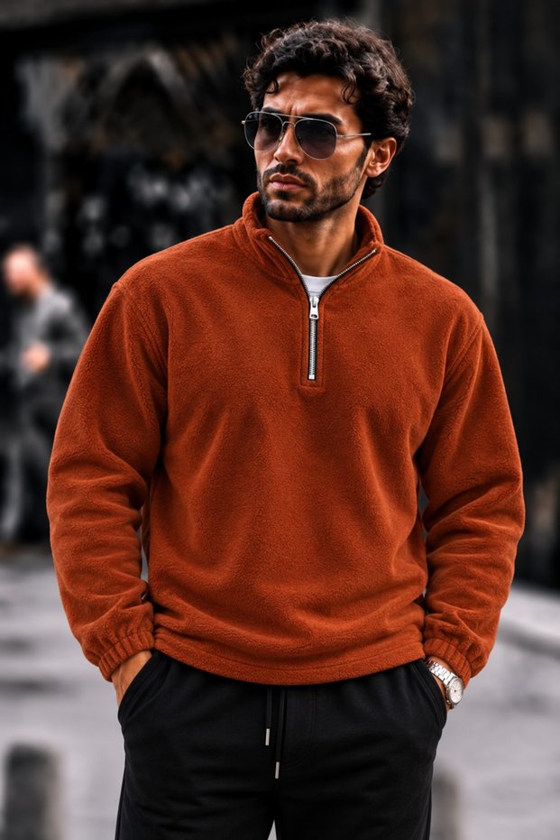 Men's Casual Half-Zip Terracotta Color Fleece-Lined Jacket