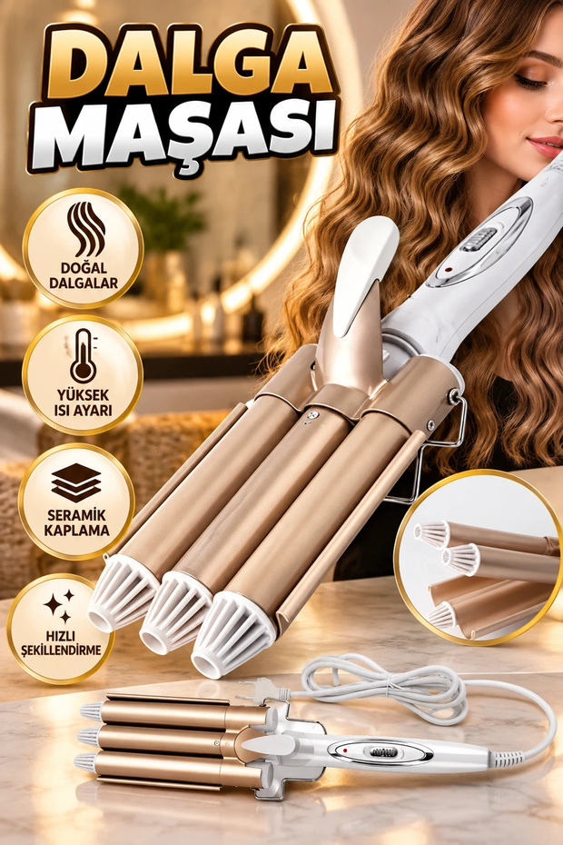 Wag Maşa New Generation Ceramic-Coated High-Temperature Hair Styler, Natural Curls, Gold