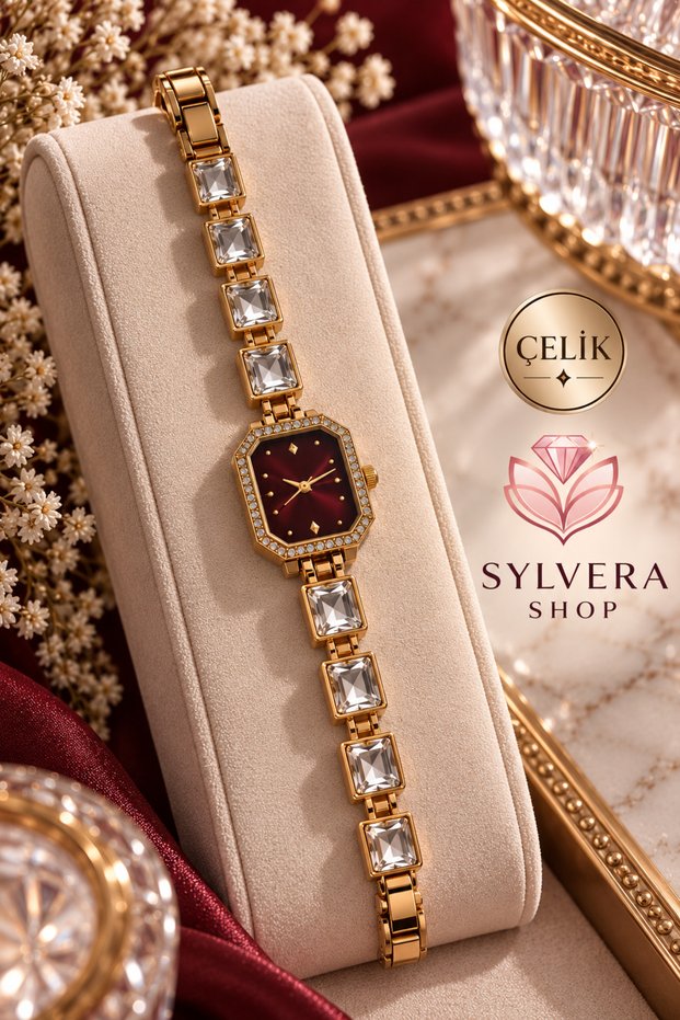 Rectangular Design, Burgundy Dial, Stone Embellished Stainless Steel Women's Wristwatch (Gold Color)