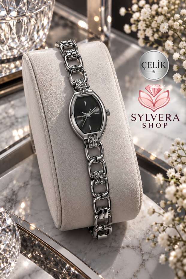 Curved Oval Design, Charcoal Grey Dial, Slip-On Ring Chain, Stainless Steel Women's Wristwatch (Silver)