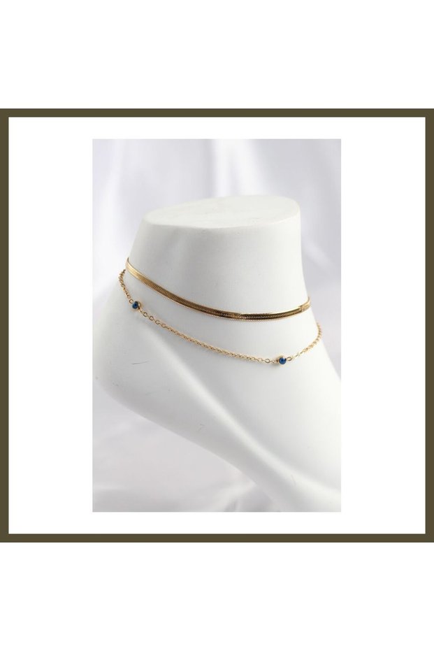 316L Stainless Steel Gold-Colored Evil Eye Beaded Design 2-Piece Anklet Set BX