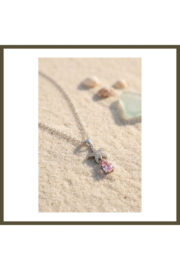 316L Stainless Steel Chain, Silver-Colored Star Design, Pink Teardrop Stone Design Necklace BX