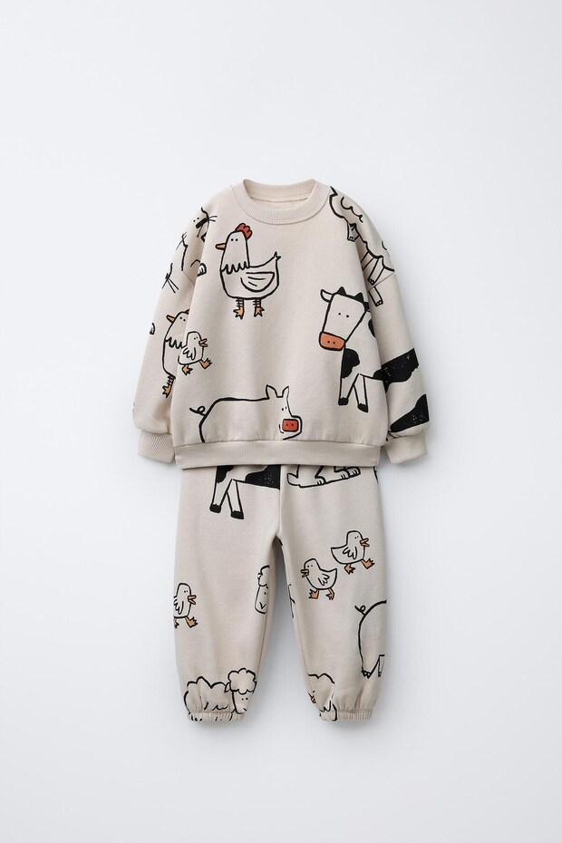 Children's Cotton Sweatshirt and Sweatpants Set with Farm Animal Print