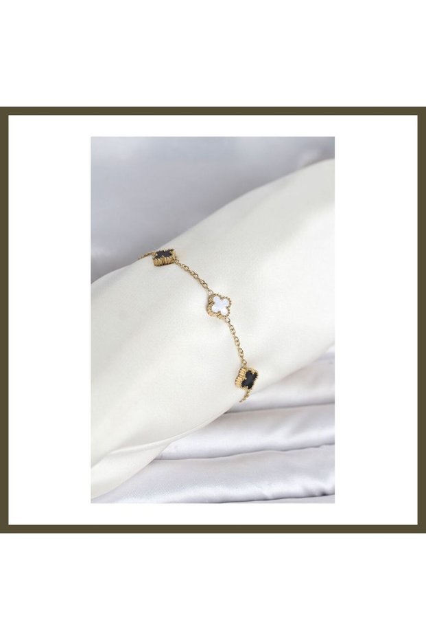 316L Steel Gold-Colored Black and White Baby Clover-Pattern Women's Bracelet BX