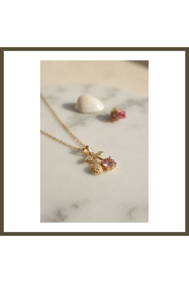 316L Stainless Steel Chain, Gold-Toned, Pink Cherry Design Necklace BX