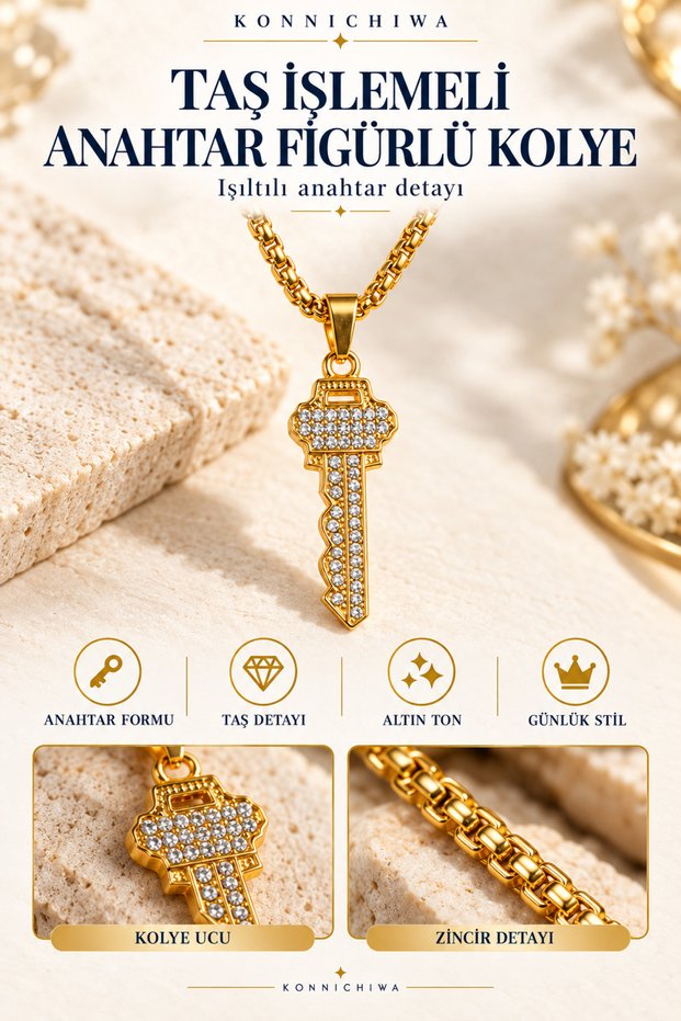 Gold Color Necklace with Stone Embellished Key Figure – Elegant Necklace with Shiny Stone Detail 315L Steel