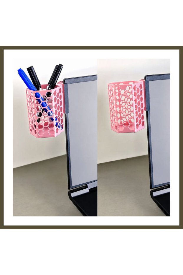 3D-Printed Monitor Pencil Holder - Hexagonal Laptop Edge Pencil Holder with Honeycomb Pattern - Pink BX