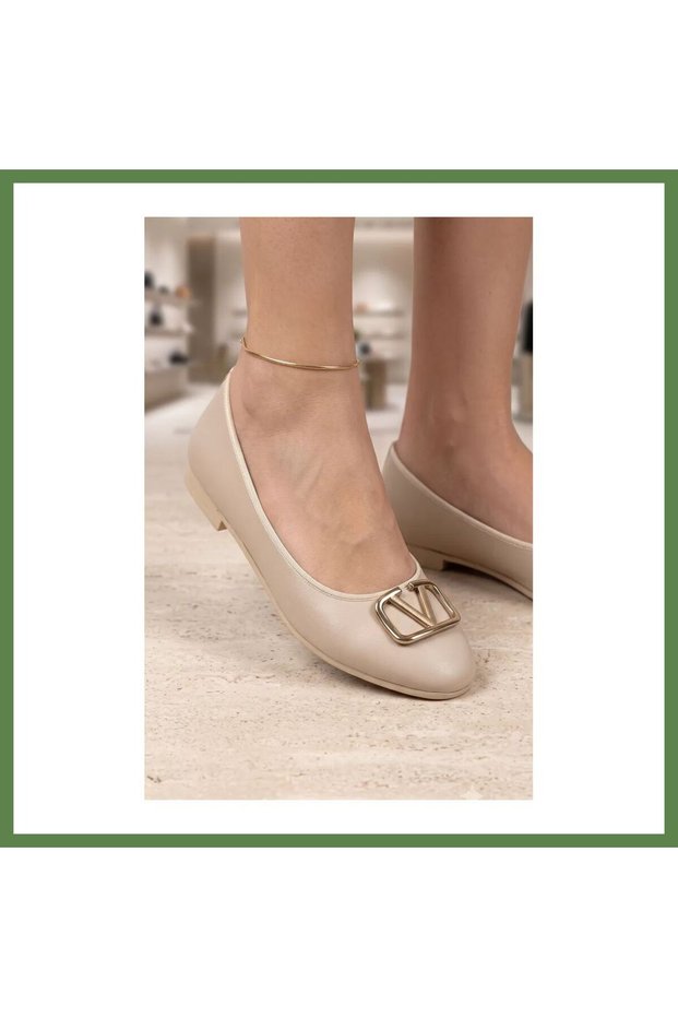 Zarelle V-Strap Buckle Detail Beige Leather Round Toe Women's Ballet Flats HB006