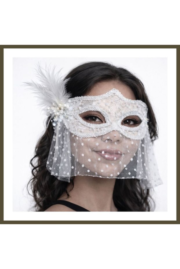 White Lace Tulle Party Mask with Veil? With Feathers and Pearl Details BX