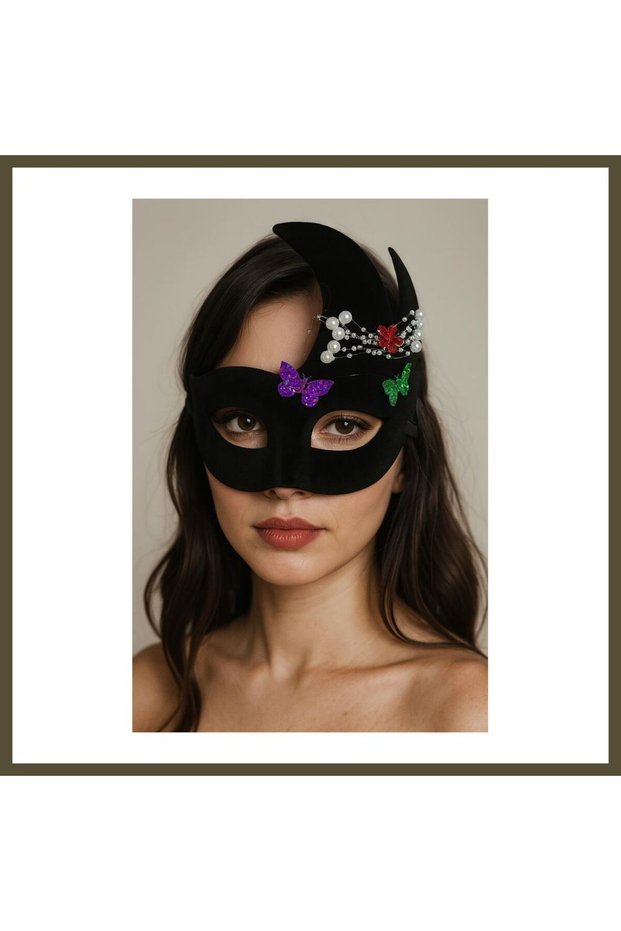 Black Suede-Covered Venetian Party Mask with Beaded Embellishments, 20x22 cm BX