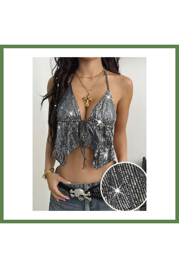 Women's Metallic Silver Sequined Cropped Top with Straps and Tie-Detail 5093 · SIZE: L/XL · COLOR HB006