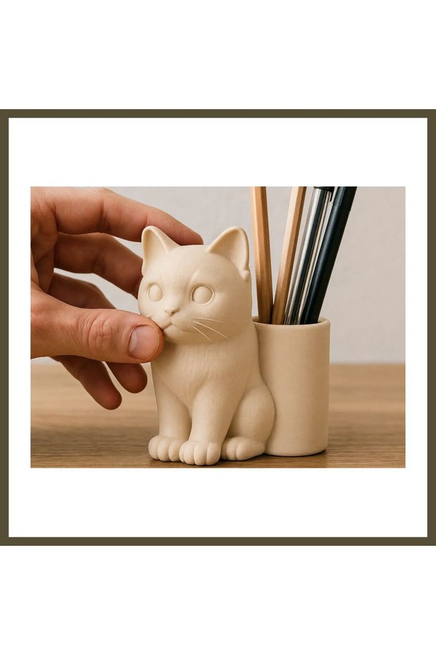 3D-Printed Cat-Shaped Pencil Holder - Desktop Organizer - Beige BX
