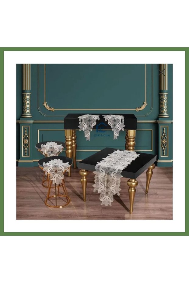 Cream Elegant 5-Piece Bridal Set with Lace Tablecloth and Table Runner Set for the Living Room, Dek HB006