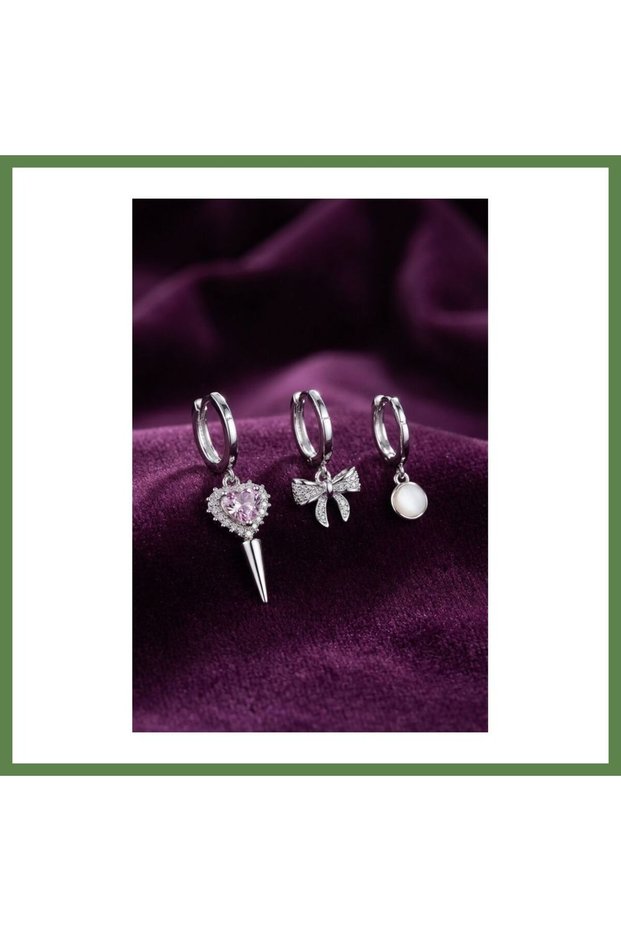 Silver-Toned Earrings with 3 Zircon Stones and Detailed Design HB006
