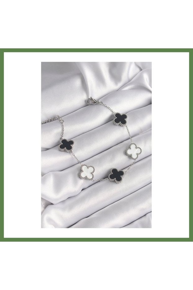 316L Steel Silver-Colored Black and White Clover-Pattern Women's Bracelet HB006