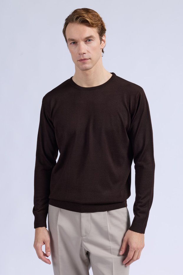 Brown Regular Fit Crew Neck Wool Sweater