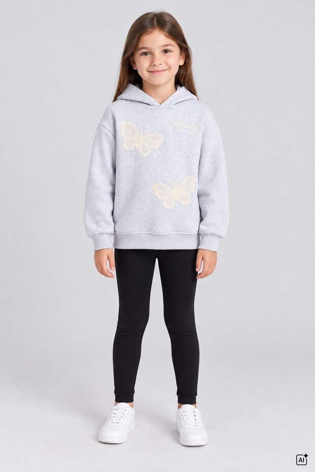 Gray Girls' Butterfly-Embroidered Hooded Sweatshirt with Zipper 25029