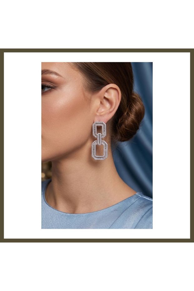 Silver-Colored Square-Shaped Women's Evening Earrings with Zircon Stones BX