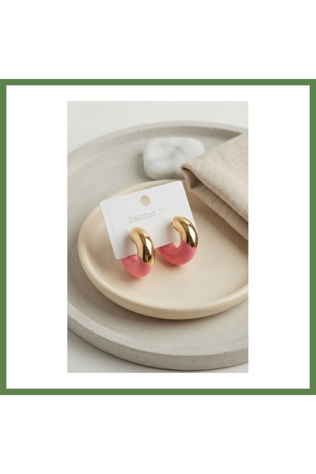 316L Stainless Steel Gold-Colored Fuchsia Hoop Earrings for Women HB006