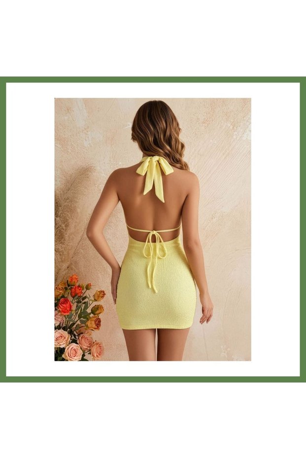 Women's Yellow Plunging Neckline, Ruched Evening Dress 5224 · SIZE: S/M · COLOR: Yellow HB006
