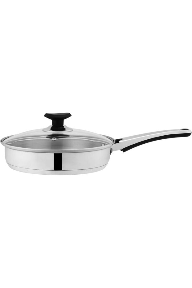 SONEX Supreme Frying Pan/Skillet (2.5 Ltr) – Stainless Steel, Glass Lid, Cool Ergonomic Handle, Sandwich Bottom, Durable, Dishwasher Safe, Stir Frying Pan, Gas & Electric Stoves Compatible (24cm)