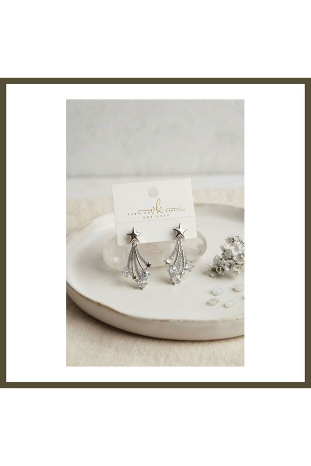 Silver-Colored Halley Model Brass Women's Earrings with Zircon Stones BX