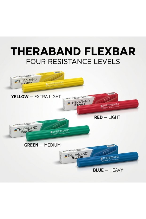 FlexBar Tennis Elbow and Grip Strength Trainer, 12 Inch Natural Rubber Resistance Bar for Forearm Strengthening, Grip Training and Exercise, Individually Packed, Yellow Red Green Blue
