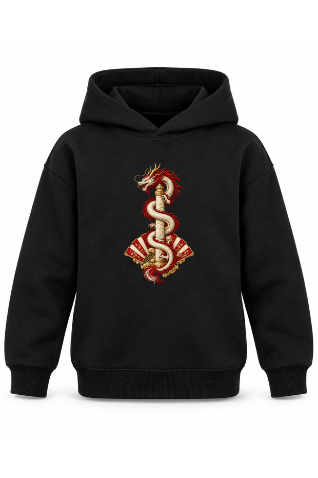 Black Kids' Hooded Sweatshirt with Dragon and Red Rays Print
