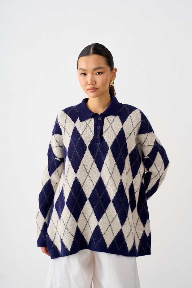 Women's Polo Collar Diamond Patterned Oversized Knit Sweater, Navy Blue