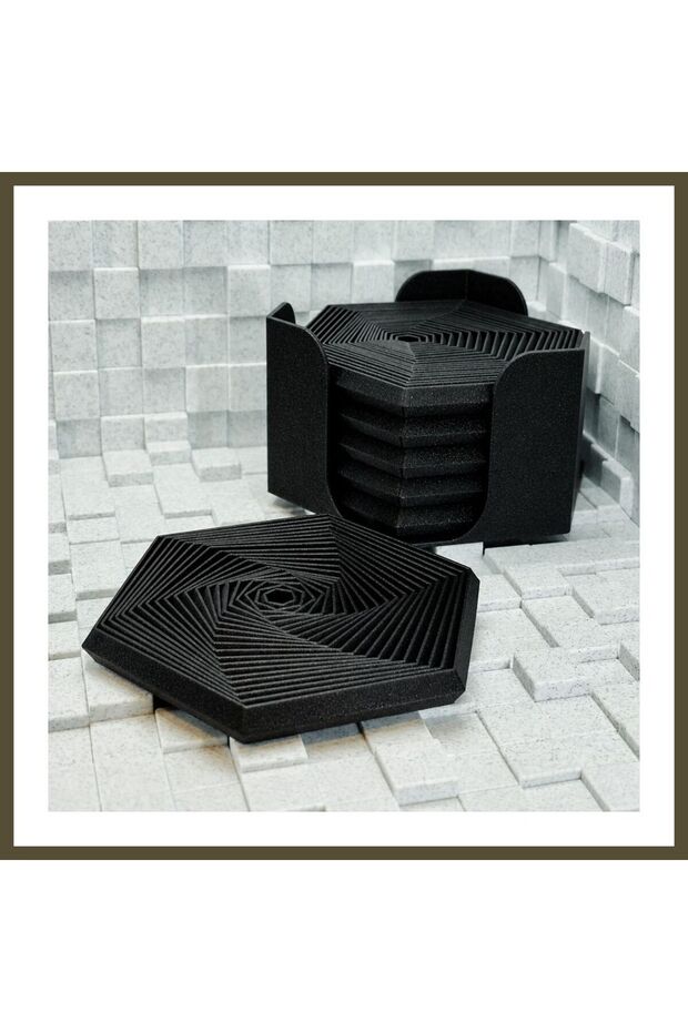 3D-Printed Super Fidget Coaster Set - Hexagonal-Patterned Coaster and Holder - Black BX