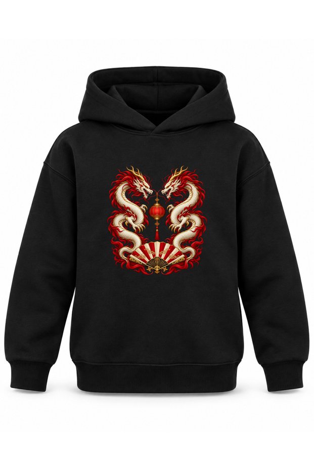 Black Kids' Hooded Sweatshirt with Dragon and Red Rays Print