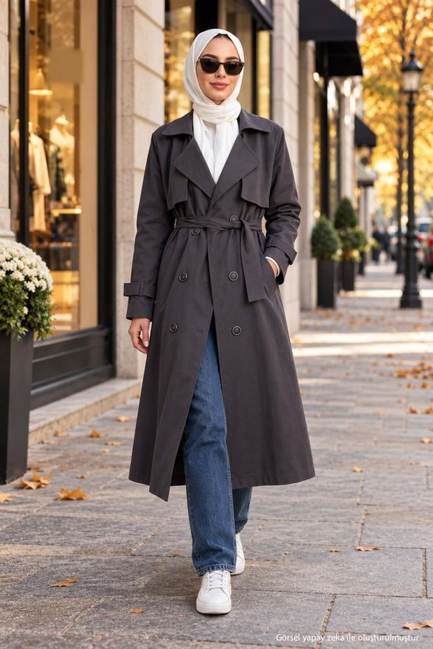 Double-Breasted, Unlined, Belted Trench Coat in Anthracite HM2979
