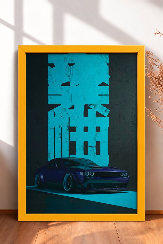 Purple Muscle Car in Neon Turquoise Light—Framed Art Print, Car Poster, Garage or Office Wall Decor OTO174